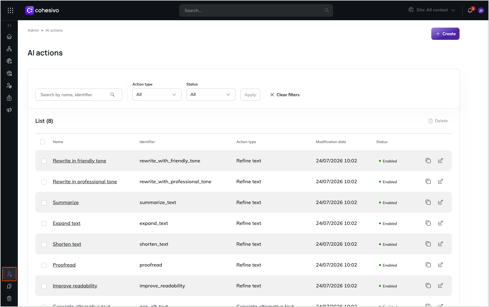 Configurations management screen